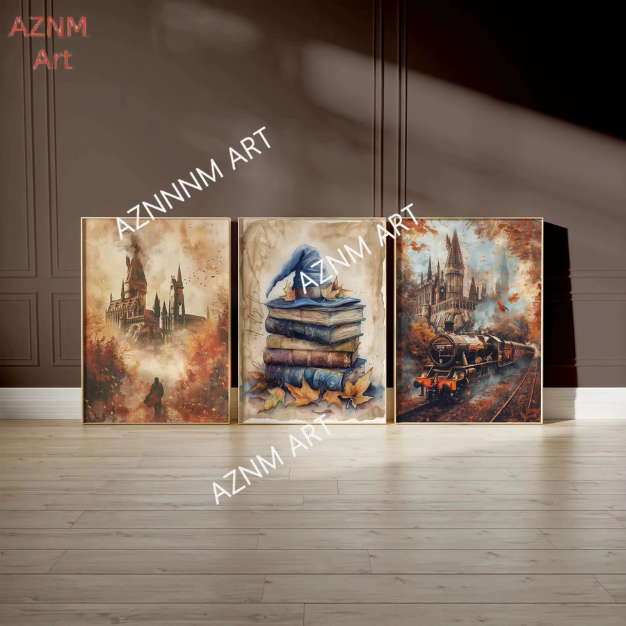 3-teiliges KAYOU Wandkunst-Poster-Set mit Fantasy-Motiven wie Magischem Schloss, Zug und Eule in Mehrfarbig für Kinderzimmer und Herbst-Dekoration - Bild 2