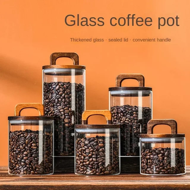 Luftdichter Glasbehälter mit Holzdeckel für Lebensmittel und Kaffeebohnen, transparent, 800 ml bis 2100 ml - Bild 1