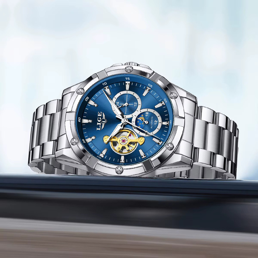 LIGE Armbanduhr Automatik, Edelstahl, Mondphase, Blau, Herren - Bild 2