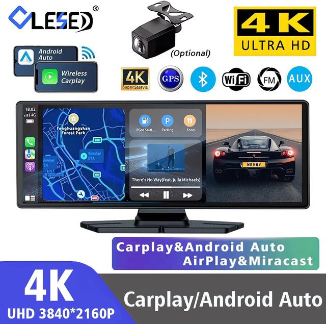 4K UHD Dash Cam mit 10,26 Zoll OLED Display, Carplay und Android Auto, GPS, 5G WiFi, Bluetooth und Dual Objektiv, Farbe: Schwarz - Bild 1