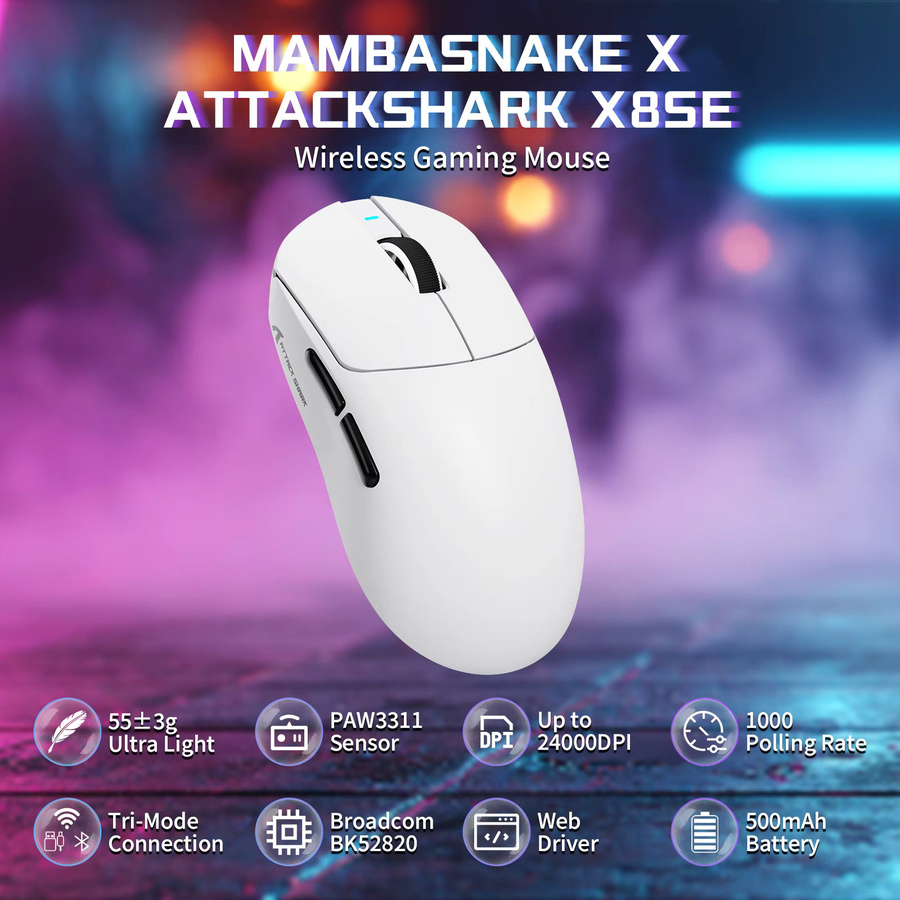 ATTACK SHARK X8SE Tri-Mode Kabellose Gaming-Maus in Weiß mit PAW3311 Sensor und 25000 DPI für große Hände - Bild 2