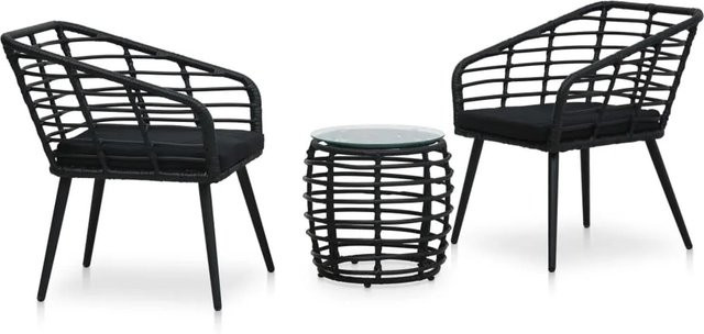 vidaXL 3-tlg Bistro-Set aus Poly-Rattan in Schwarz mit Glasplatte und Stoffkissen - Bild 1