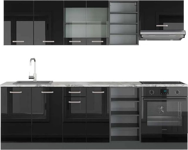Vicco R-Line Küchenzeile Schwarz Hochglanz und Anthrazit mit Marmor-Optik, Breite: 240 cm - Bild 1