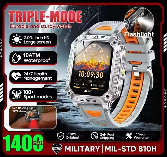Smartwatch für Herren mit AMOLED HD Display, GPS, Herzfrequenzmessung, Bluetooth Anruffunktion, Taschenlampe und 10ATM Wasserdichtigkeit, 1400mAh Akku, Grau Orange - Bild 1