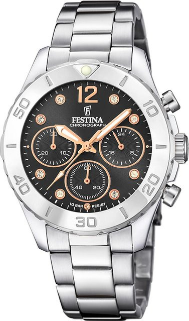 Festina Damenuhr Boyfriend Chronograph, Edelstahl, Quarz, 39 mm, Schwarz - Bild 1