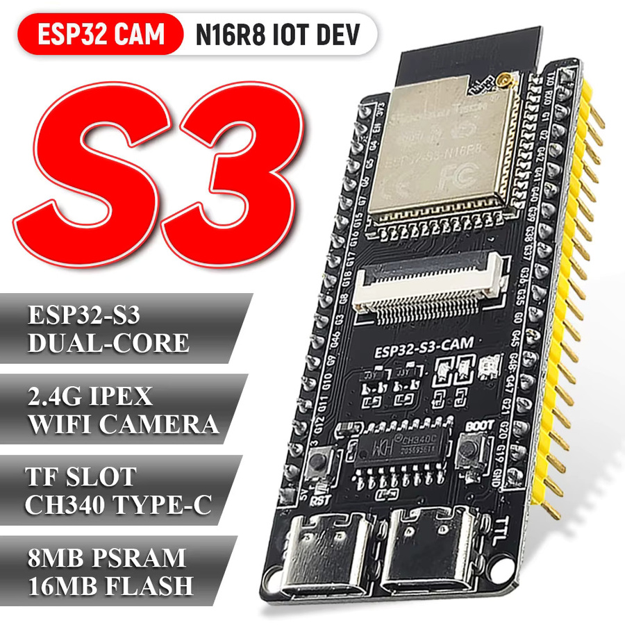 ESP32-S3 Entwicklungsboard mit 2,4G WLAN-Erweiterungsmodul, OV2640 Kameramodul, 8MB PSRAM, 16MB FLASH, Typ-C Anschluss, Schwarz - Bild 2