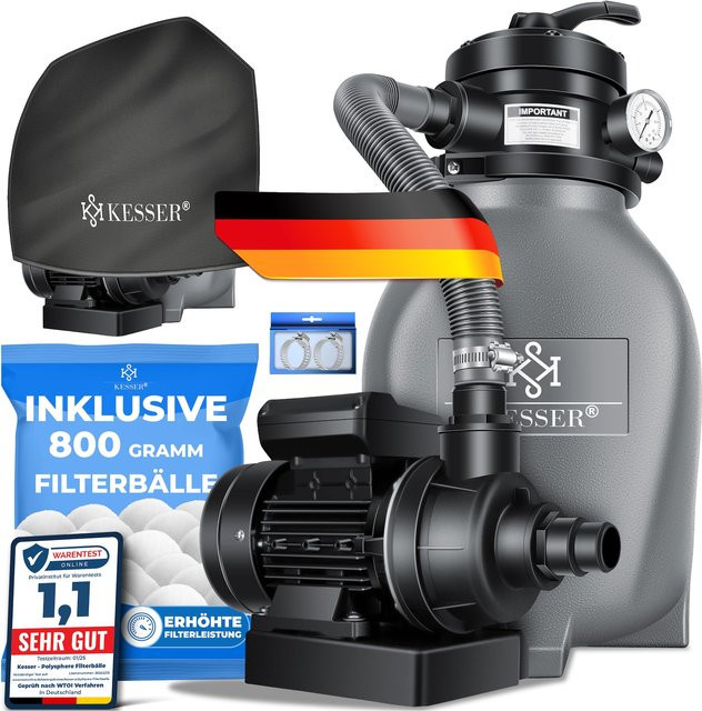 KESSER Sandfilteranlage mit 4-Wege-Ventil und 800g Filterbällen für Pool und Schwimmbecken, 10 m³/h, Grau - Bild 1