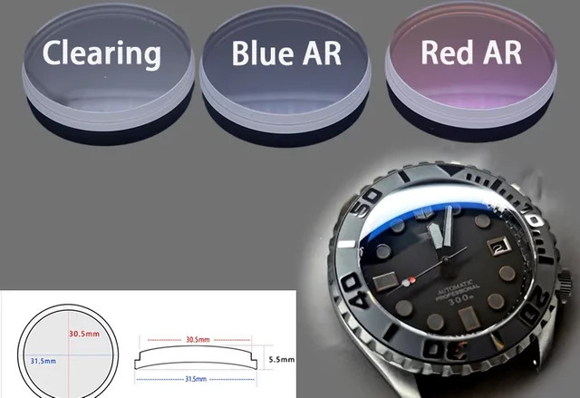 Uhrenglas Saphirglas, 31,5 mm, rot-blaue AR-Beschichtung, Herren - Bild 1