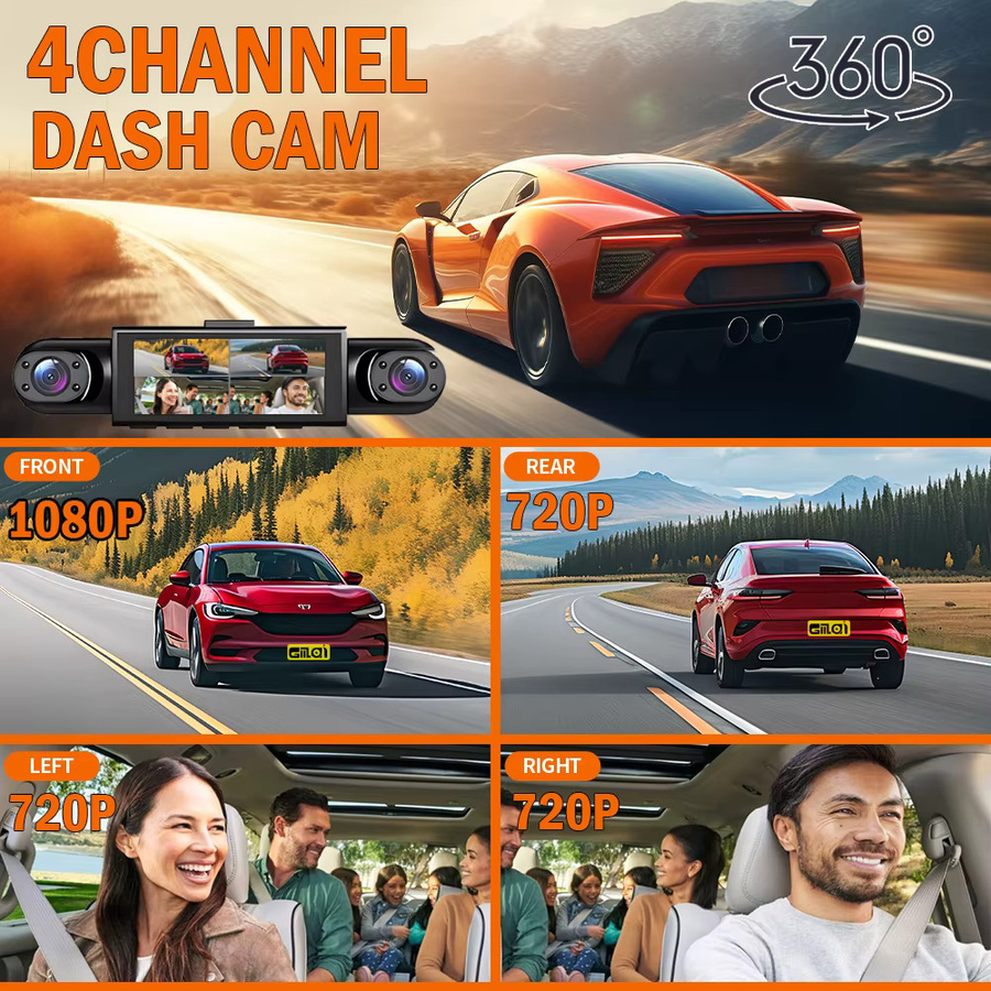 GMAIPOP 4-Kanal-Dashcam 360 Grad Auto-Videorekorder in Schwarz mit Nachtsicht, 24/7 Parküberwachung, G-Sensor und Schleifenaufzeichnung - Bild 2