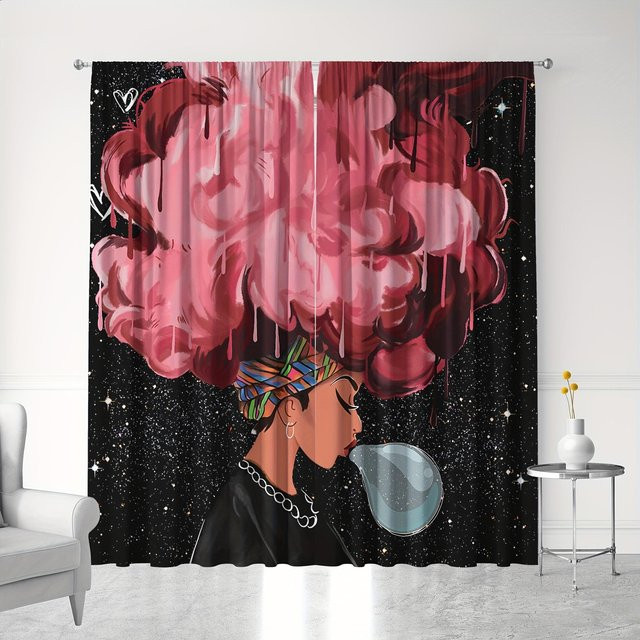 2-teiliges Vorhangset mit afrikanischen Figuren in Schwarz-Gold, halbtransparentes Polyester-Dekor für dein Wohnzimmer, Breite: 100 cm, Höhe: 130 cm - Bild 1