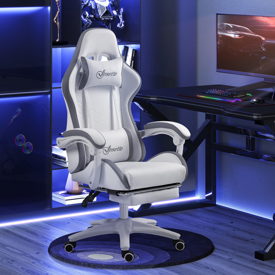 Vinsetto Gaming-Stuhl ergonomischer Bürostuhl mit ausfahrbarem Fußteil und 135 Grad neigbarer Rückenlehne, verstellbare Kopfstütze und Lendenwirbelstütze, 360 Grad drehbar, Weiß/Grau - Bild 2