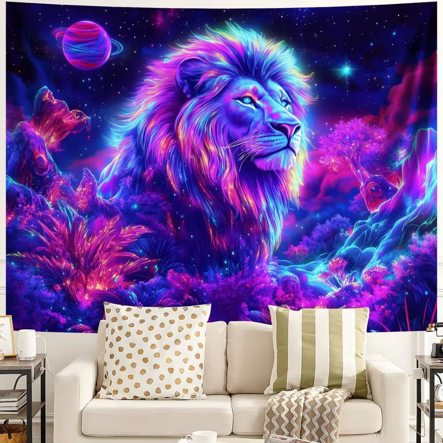 VIKAMA Wandteppich mit Neon-Löwen-Motiv im Cyberpunk-Stil, Mehrfarbiger Wandbehang für Schlafzimmer und E-Sport-Zimmer - Bild 2