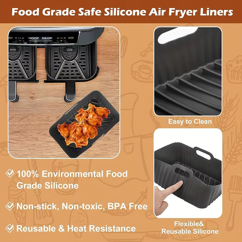 Ninja Foodi Dual Zone Air Fryer Zubehör: 2er-Set wiederverwendbare Silikon-Einlagen für Ninja Foodi Air Fryer AF300UK, Schwarz, rechteckig - Bild 5