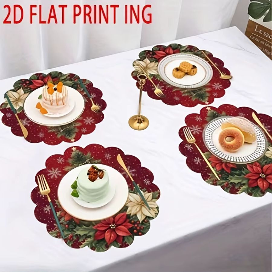 VIKAMA 4-teiliges rundes Weihnachts-Tischset-Set mit Blumenmuster und Weihnachtsbaum-Design, rutschfest und waschbar - Bild 4