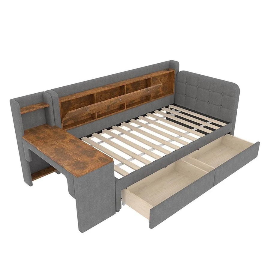 KOMHTOM Wandelbare Chaiselongue in Grau mit 2 Schubladen, Schreibtisch und ausklappbarem Staufach, B/T/H: 90 x 200 x 79 cm - Bild 2