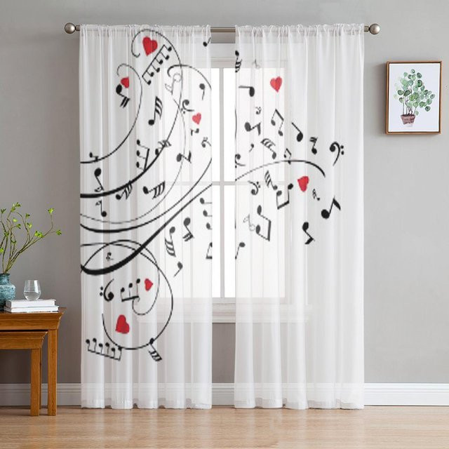 A Family Of Home Textiles Transparenter Voile-Tüll-Vorhang mit Musiknoten und Herzen in Weiß, Breite: 135 cm, Höhe: 183 cm - Bild 1