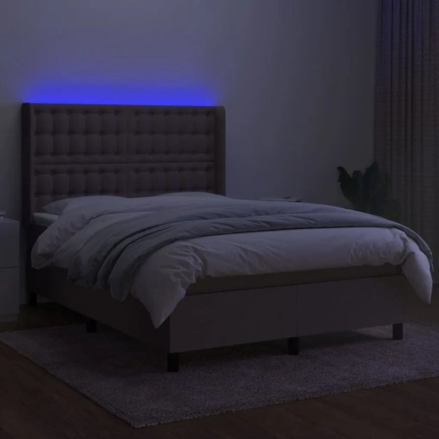 vidaXL Boxspringbett mit Matratze und LED-Beleuchtung in Beige, Hybrid-Matratze mit Taschenfederkern und USB-Anschluss, B/T/H: 140 x 190 x 128 cm - Bild 1