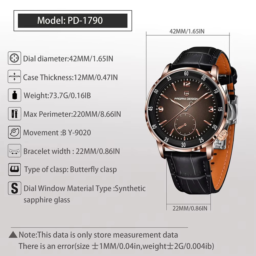 PAGANI DESIGN Armbanduhr Automatik, Leder, 42 mm, Herren, Schwarz, Roségold - Bild 4