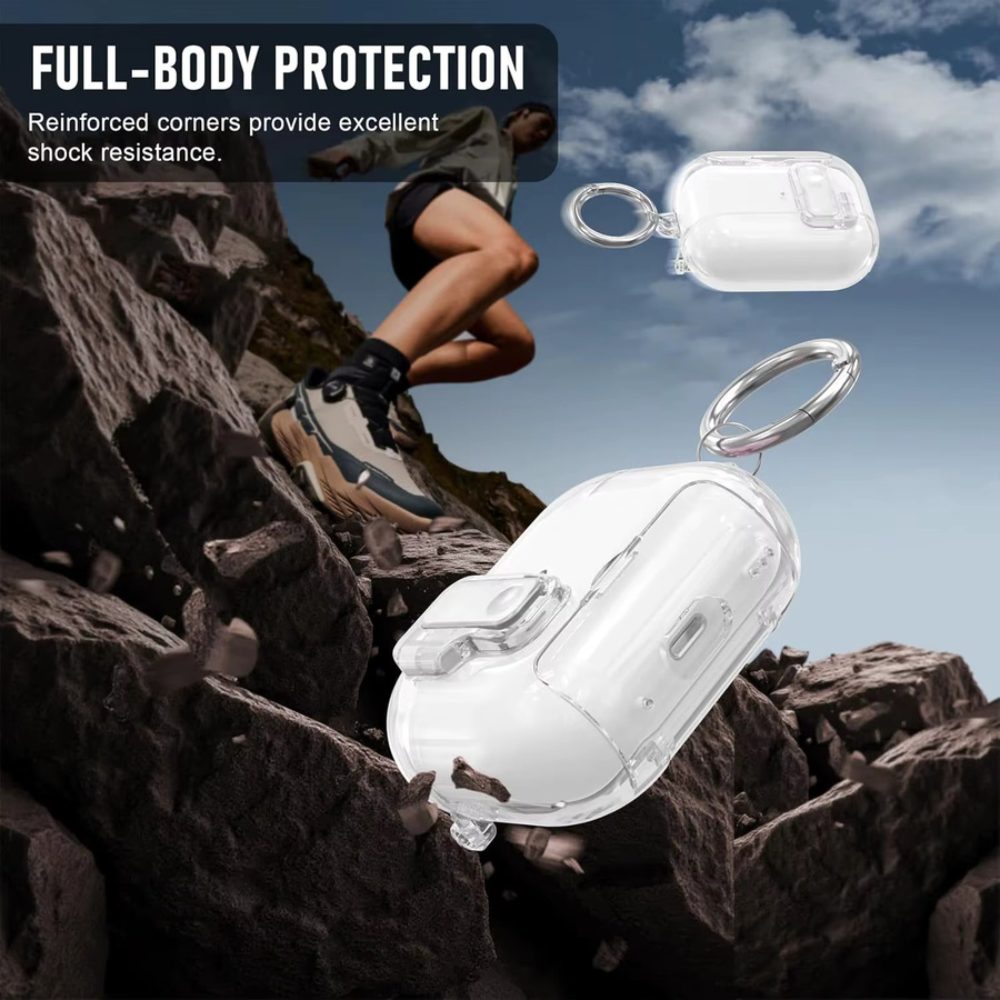 Transparente TPU-Schutzhülle für AirPods Pro 3, Pro 2 und AirPods 4 mit automatischer Pop-Up-Abdeckung, Trageschlaufe und Telefonhalterung in Transparent oder Blau - Bild 2