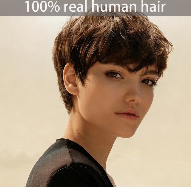 OYM HAIR Pixie-Cut-Perücke aus Echthaar, braun, Damen - Bild 1