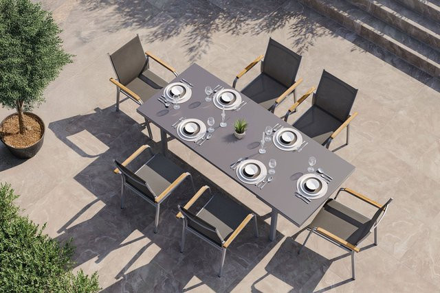 Kettler Granada Garten-Essgruppe aus Aluminium und Textilene in Silber mit ausziehbarem Tisch und 6 Stapelsesseln - Bild 1
