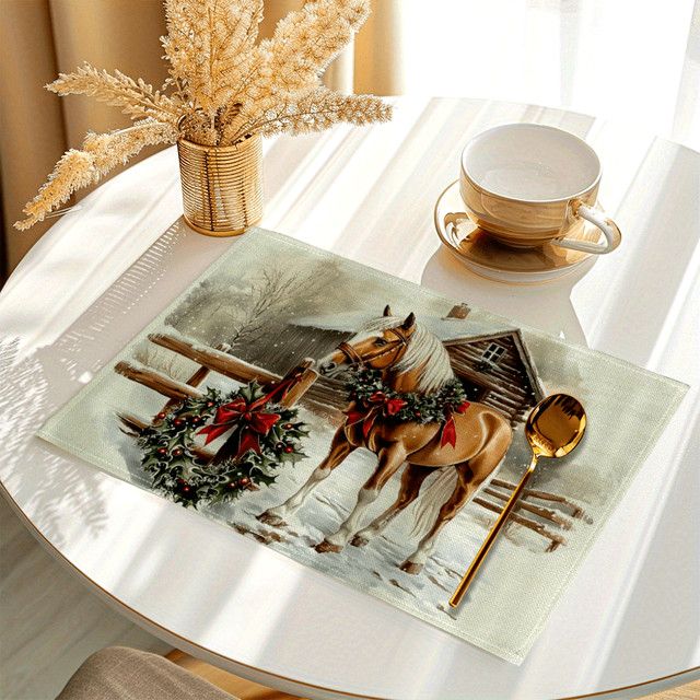 VIKAMA 4-teiliges Tischset mit Weihnachts-Pferde-Aufdruck, rutschfeste Tischmatte für die Weihnachtsdekoration - Bild 1