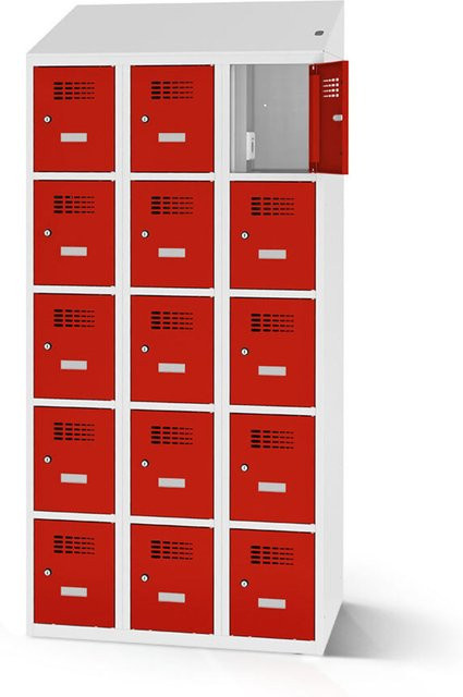 rotstahl Fächerschrank mit 15 Fächern und Ladefunktion, Farbe Rot, Korpus Lichtgrau, B: 90 cm, H: 200 cm - Bild 1