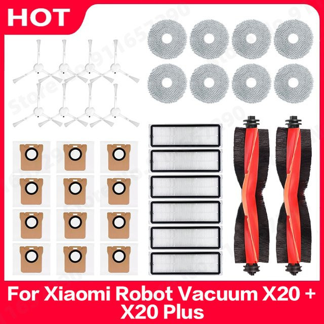 QIXIAO Ersatzteil-Set für Xiaomi Roboter-Staubsauger X20 Plus und X20+: Hauptbürste, Seitenbürste, HEPA-Filter, Wischmopps und Staubbeutel aus Kunststoff - Bild 1