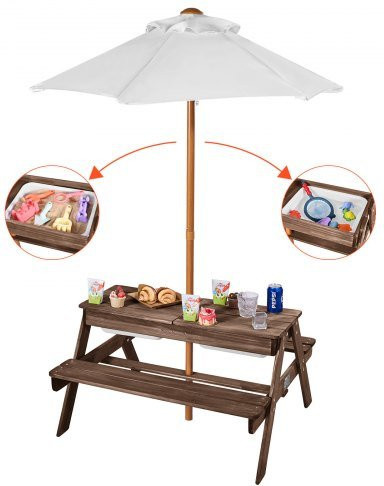 VEVOR Kinder Picknicktisch Set aus Tannenholz mit Sonnenschirm und 3-in-1 Sand- und Wassertisch inklusive 2 Schalen und Bänken für Garten und Terrasse in Walnuss - Bild 1