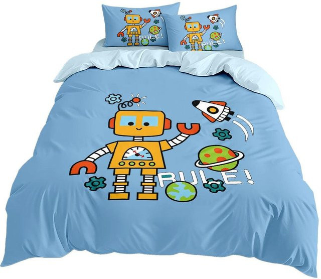 Flylo Bettwäsche Set Cartoon Roboter für Kinder in Blau, 2-teilig, B/H: 135 x 200 cm - Bild 1