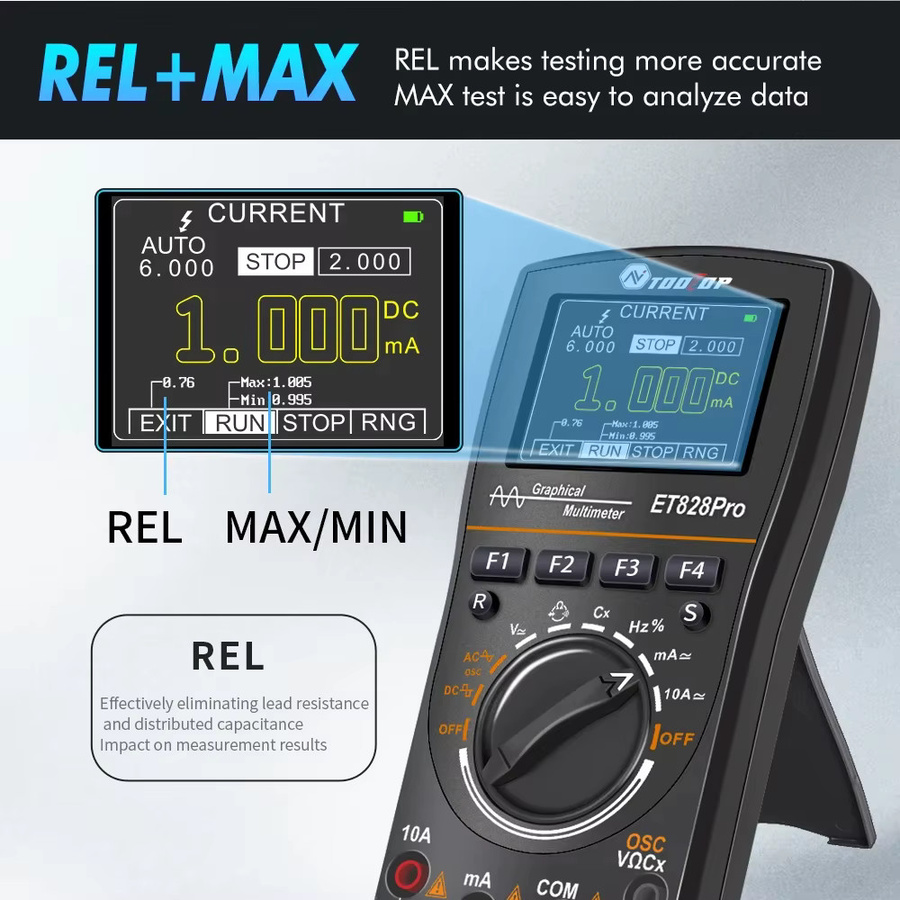 TOOLTOP Et828pro Tragbares 2 in 1 Oszilloskop und True RMS Multimeter, 10 MHz, 50 ms/s, 1600 Vpp Hochspannung, Schwarz - Bild 2