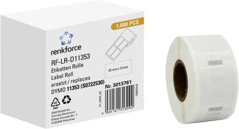 Renkforce Etikettenrolle aus Papier Weiß, kompatibel mit DYMO 11353 und S0722530, 1000 Stück, permanent haftend, Breite: 25 mm, Höhe: 13 mm - Bild 1