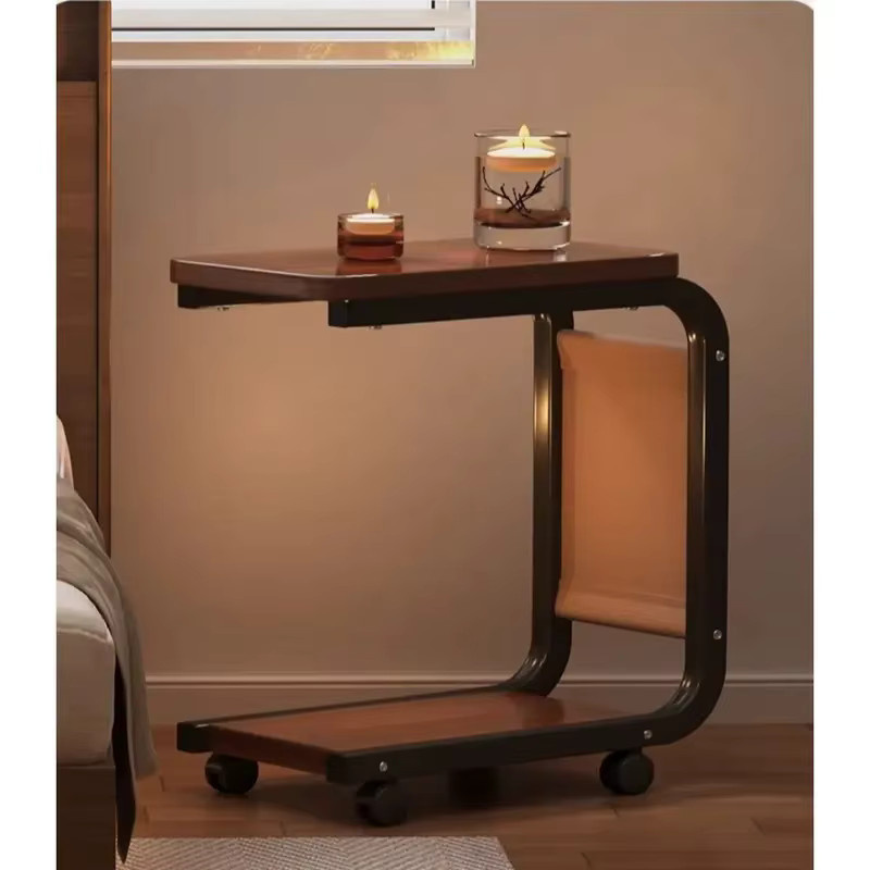 PIORLADO Rollender Beistelltisch in Braun mit Aufbewahrungstasche, C-förmiger Massivholztisch mit Metallrahmen und Rollen für Sofa und Nachttisch - Bild 3