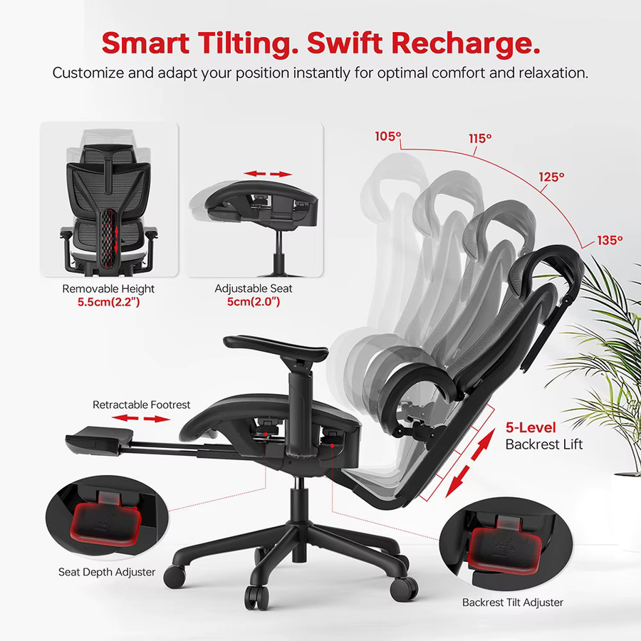 ACGAM CG-5245M Ergonomischer Gaming-Stuhl in Schwarz mit atmungsaktivem Netzstoff, verstellbarer Lendenwirbelstütze, 3D-Armlehnen und 2D-verstellbarer Kopfstütze - Bild 7