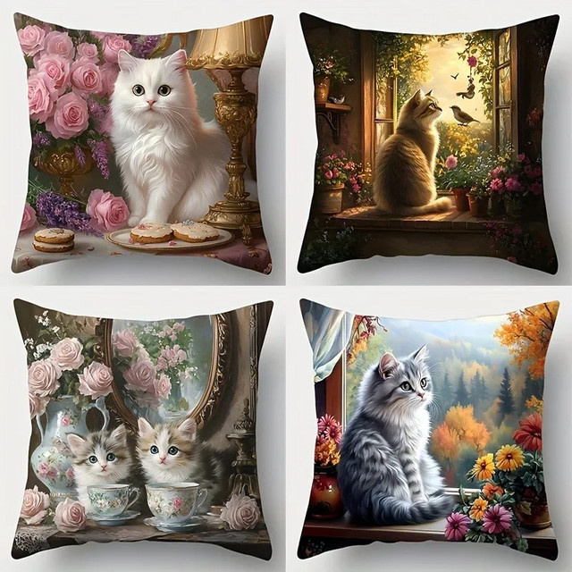 VIKAMA Wurfkissen-Set mit Katzenmotiv in Multicolour, quadratische Kissenbezüge B/B: 30 x 30 cm - Bild 1