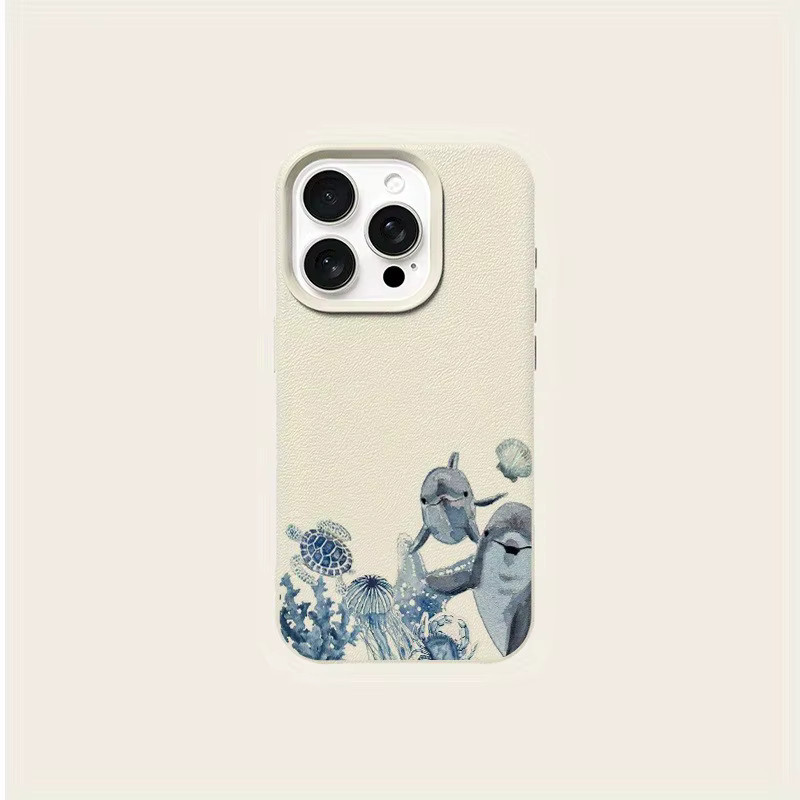 Apple iPhone Handyhülle mit Ozeanmuster und Lychee-Textur in Beige und Multicolour für iPhone 17, 16, 15 Pro Max Plus Serie - Bild 4