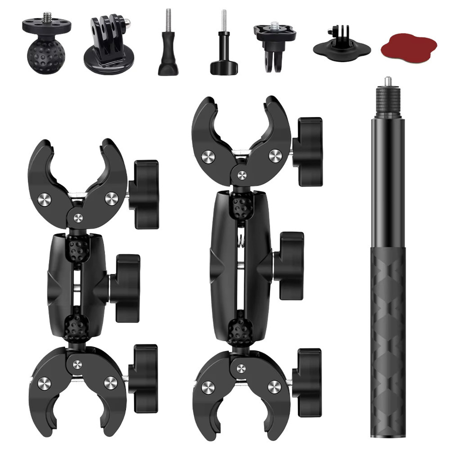 Erchang Motorrad-Montagesatz mit Doppelklemm-Lenker-Selfie-Stick für Insta360 X5 X4 X3 X2 RS und DJI GoPro, Schwarz - Bild 7