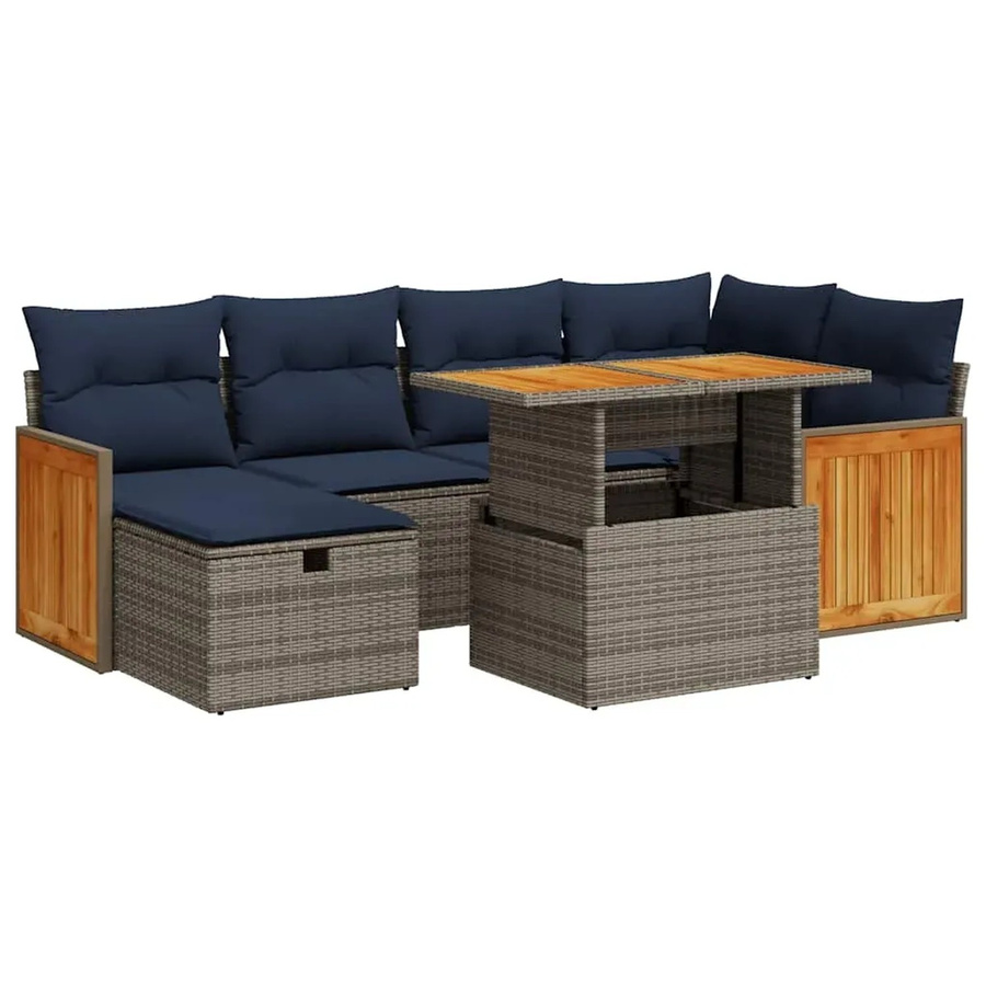 vidaXL 7-teilige Garten-Sofagarnitur in L-Form aus grauem Poly-Rattan mit Kissen und Akazienholz - Bild 2