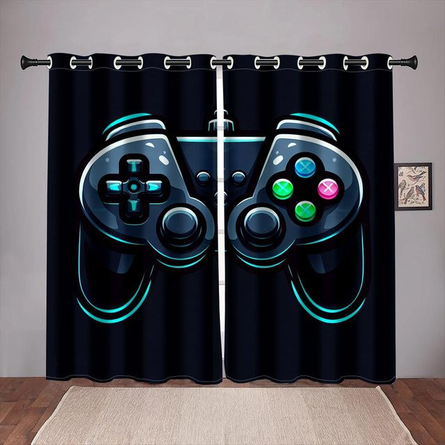 2er-Set Yiran Furniture Gaming Fenstervorhänge mit Playstation-Motiv für Kinderzimmer und Teenager, halbtransparent, Mehrfarbig, B: 75 cm, H: 166 cm - Bild 1