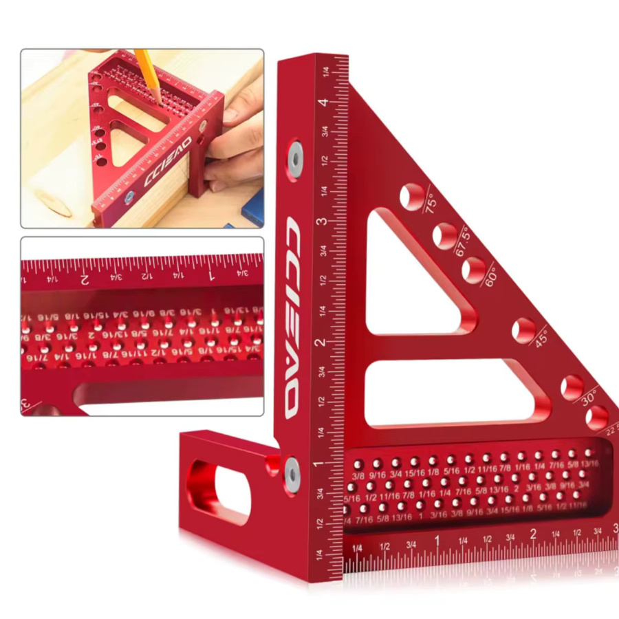 FNICEL 3D-Multiwinkel-Messlineal aus Aluminiumlegierung in Rot mit metrischer und imperialer Skala sowie 45/90-Grad-Winkelmesser für Holzbearbeitung und Ingenieure - Bild 2