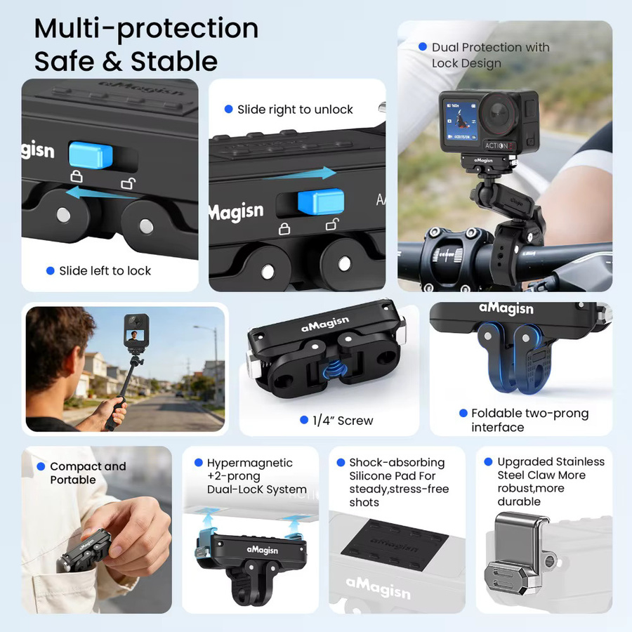 aMagisn Schnellverschluss-Halterung mit Sicherheitsverriegelung für DJI Action 5 Pro, 4, 3 und OSMO 360 in Schwarz mit 1/4-Zoll- und 2-Pin-Schnittstellen - Bild 5