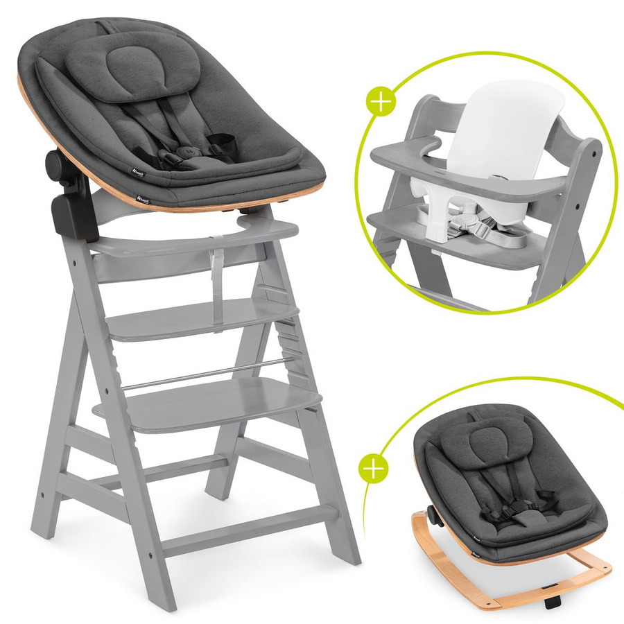 Hauck Alpha Plus 4-tlg. Newborn Set Hochstuhl mit Neugeborenenaufsatz Wippe Eco und Baby Seat in Grau - Bild 1