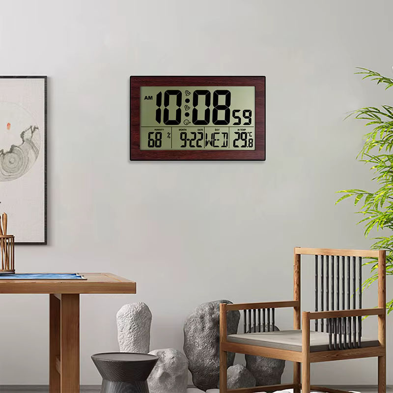 Digitale LCD-Wanduhr in skandinavischem Design aus Holz mit Thermometer und Dual-Alarmfunktion, mehrfarbig und rechteckig - Bild 3