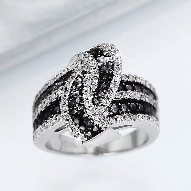 Huian Ringe, Schwarz, Emaille, Zirkonia, Silber, Damen, Vintage - Bild 2