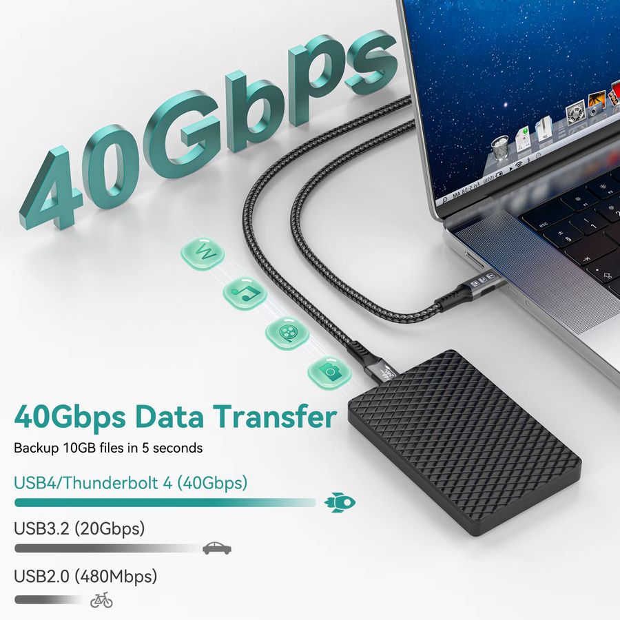 FDBRO USB4-Kabel USB-C auf USB-C in Schwarz mit 240 W Schnellladefunktion, unterstützt Thunderbolt 4/3, 8K 60 Hz und 40 Gbit/s Datenübertragung - Bild 4