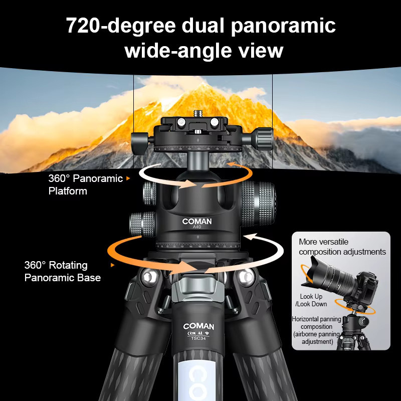 COMAN TSC34A40 Mini-Kohlefaser-Stativ in Schwarz mit 360-Grad-Kugelkopf und Schnellwechselplatte - Bild 5