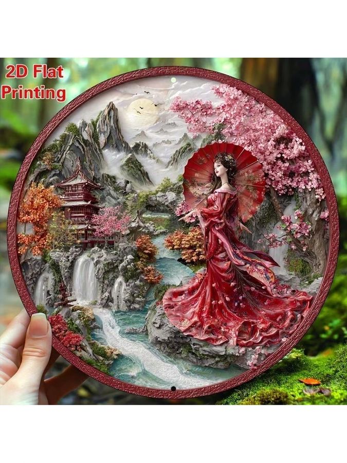 CIFBUY Metall-Wandkunst Bohemian Runde Aluminium-Plakette Mädchen mit Regenschirm Durchmesser: 20,32 cm - Bild 3
