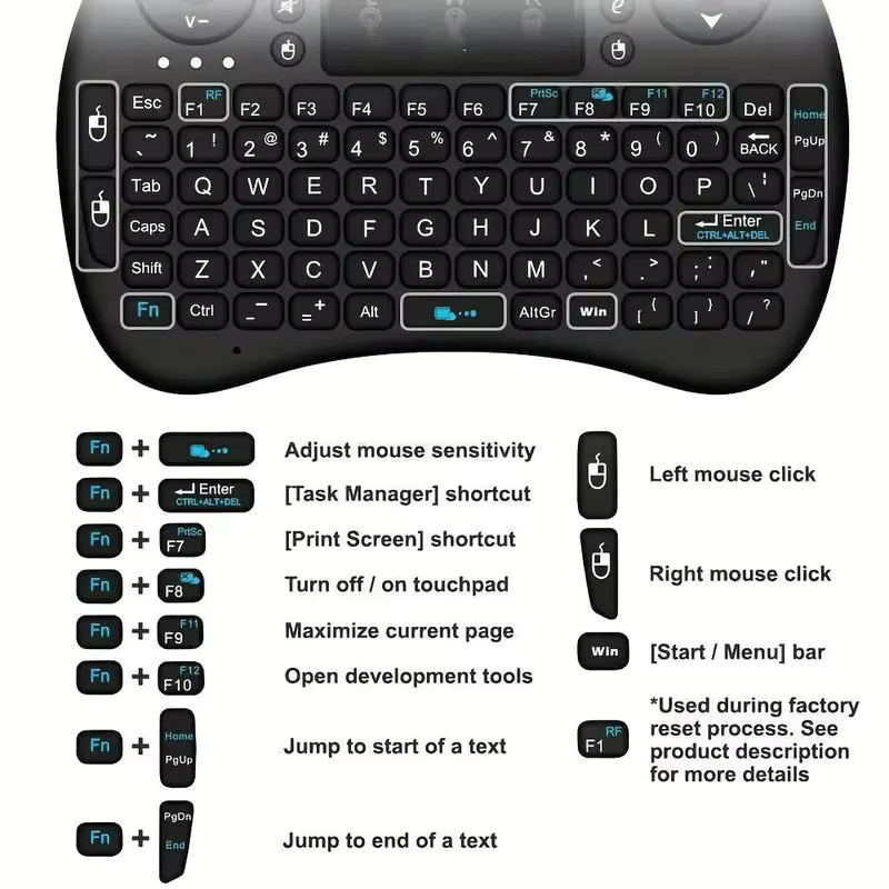 Viesrita Mini-i8 Wireless-Tastatur mit Touchpad und Air-Mouse-Funktion, 2.4G USB-Verbindung, Schwarz - Bild 4