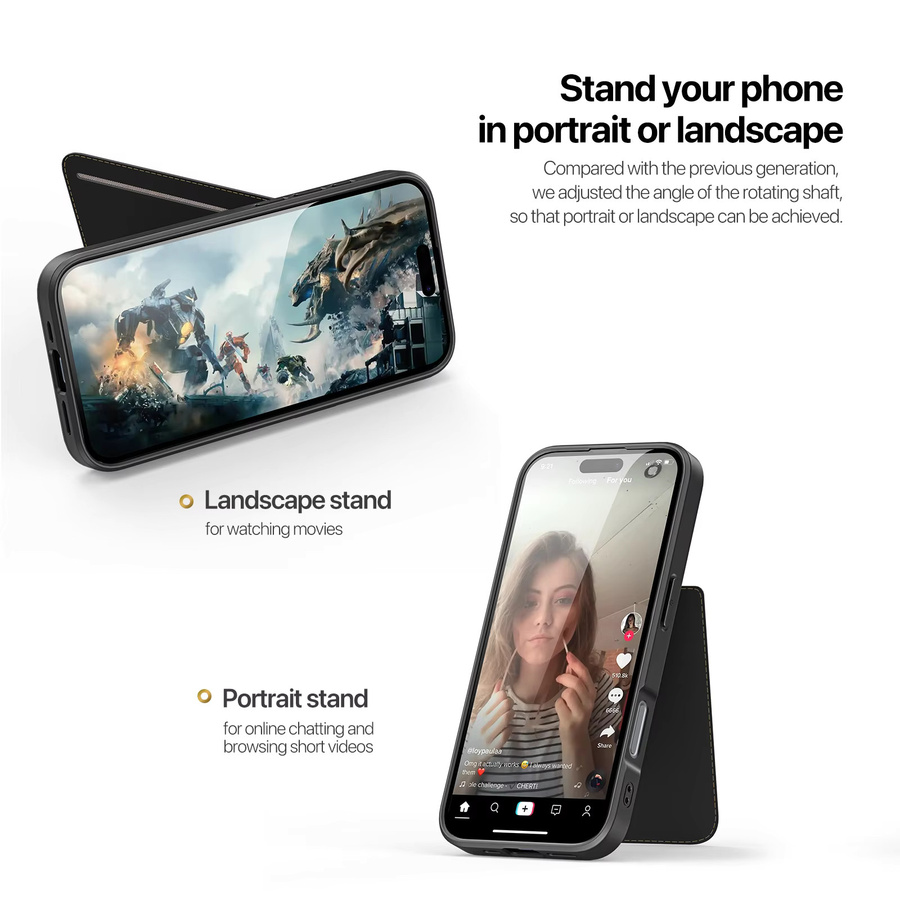 DUX DUCIS 3-in-1 Magnetische Hülle für iPhone 16 Pro Max, 15 Plus, 14, 13 mit Telefonständer und Brieftaschenfunktion in Schwarz - Bild 3