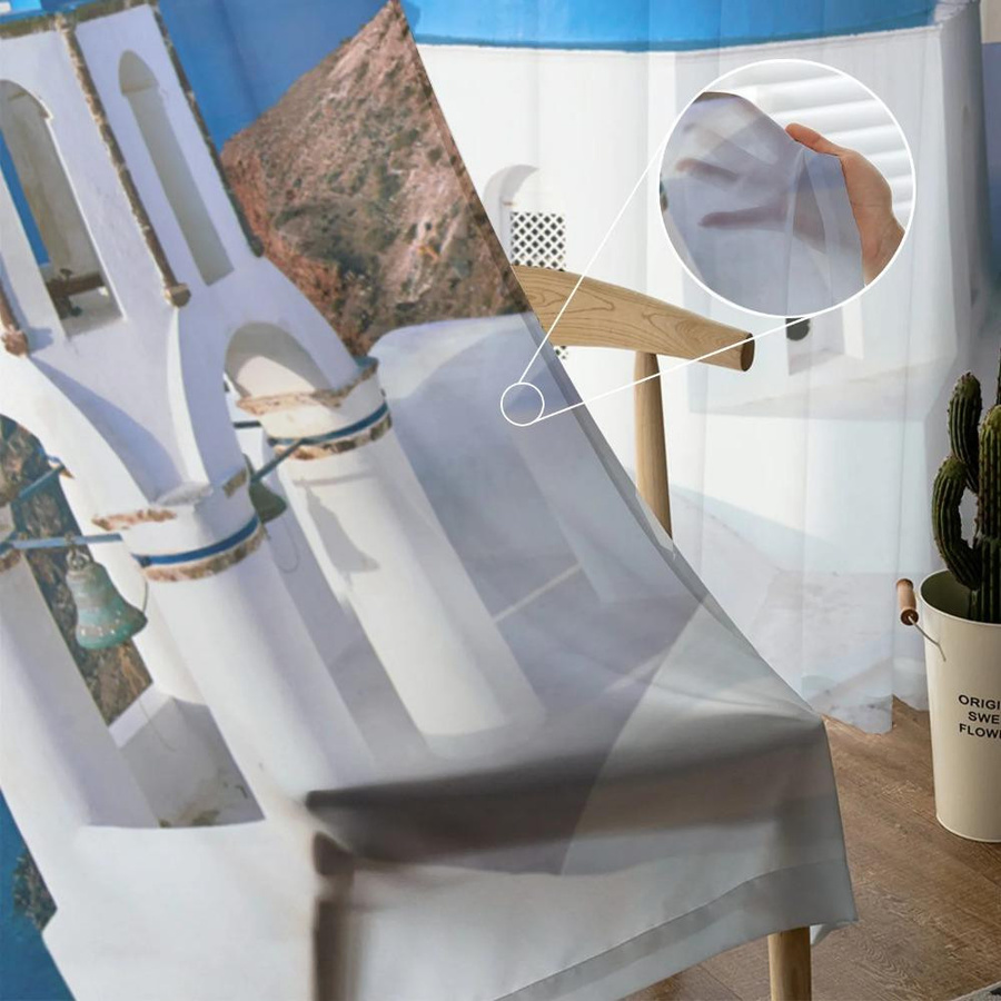 Yiran Furniture Transparente Voile-Vorhänge mit Santorini Blaudachkirche Motiv, Breite: 135 cm, Höhe: 115 cm - Bild 1